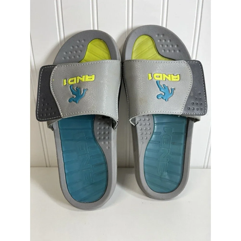 AND1 Boys Size 6 Strider Slide Adjustable Strap Sandal‎ Shoes Gel • Grey &Lime
